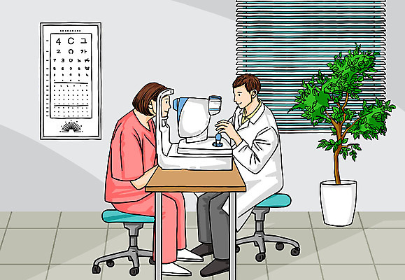 전신 PSD 여자 남자 화분 의자 일러스트 창문 병원 사람 앉기 성인 두명 컬러풀 환자 의사 블라인드 책상 건강검진 시력검사표 안과용의료기구 안구 국내일러스트 컬러 가구 의학 모션 신체부위 의료진 의료용품 커튼 검사_조사 파일형식