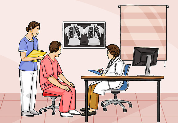 전신 PSD 여자 남자 의자 일러스트 창문 엑스레이 병원 들기 사람 성인 세명 컴퓨터 컬러풀 환자 간호사 의사 기록 커튼 책상 상담 건강검진 진료기록부 국내일러스트 컬러 가구 의학 모션 전자제품 진료 의료진 검사_조사 파일형식