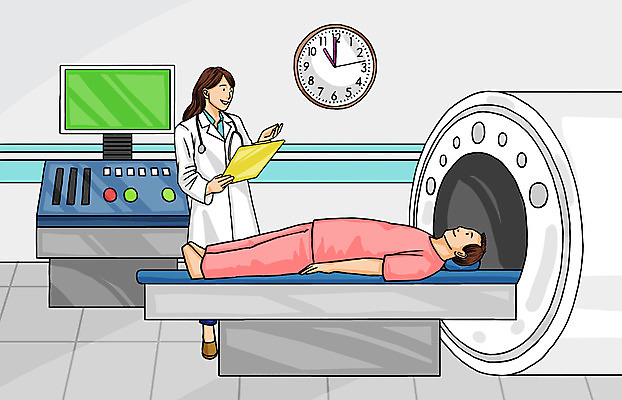 전신 PSD 여자 남자 시계 일러스트 의료기기 병원 들기 사람 성인 두명 컴퓨터 컬러풀 눕기 환자 의사 건강검진 MRI 서류판 진료기록부 국내일러스트 컬러 의학 모션 전자제품 사무용품 진료 의료진 검사_조사 파일형식