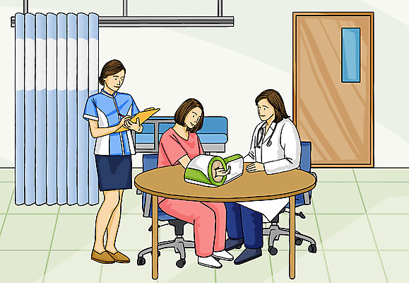 전신 PSD 여자 의자 일러스트 탁자 병원 서기 들기 사람 앉기 성인 세명 컬러풀 환자 간호사 의사 커튼 혈압계 병실 건강검진 병원침대 서류판 진료기록부 혈압측정 여자만 국내일러스트 컬러 가구 의학 의료기기 모션 사무용품 진료 의료진 침대 측정 검사_조사 혈압 파일형식