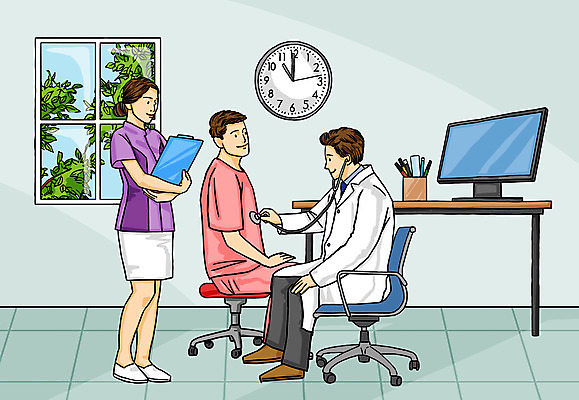 전신 PSD 여자 남자 시계 일러스트 창문 청진기 병원 들기 사람 앉기 성인 세명 컴퓨터 컬러풀 진료 환자 간호사 의사 책상 연필꽂이 건강검진 서류판 진료기록부 국내일러스트 컬러 가구 의학 의료기기 모션 문구용품 전자제품 사무용품 의료진 검사_조사 파일형식