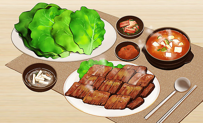 PSD 음식 일러스트 김치 수저 사람없음 갈색 상추 상차림 된장찌개 갈비 쌈장 동치미 맛집 맛있는 국내일러스트 식기 한식 컬러 채소 육류 양념 찌개 파일형식