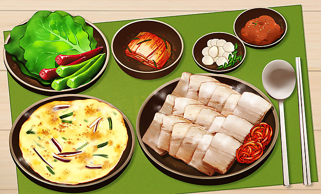 PSD 음식 일러스트 김치 수저 마늘 사람없음 초록색 상추 상차림 쌈장 부침개 맛집 수육 맛있는 국내일러스트 식기 한식 컬러 채소 양념 파일형식