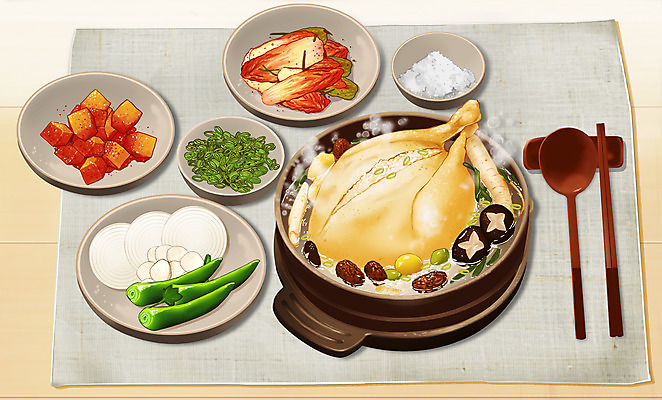 PSD 음식 일러스트 양파 여름음식 김치 수저 사람없음 회색 상차림 깍두기 소금 삼계탕 파 맛집 제철음식 맛있는 국내일러스트 식기 한식 컬러 채소 보양식 제철 파일형식 여름_계절