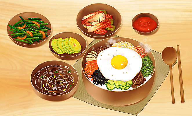 PSD 음식 일러스트 김치 수저 사람없음 고추장 상차림 나물 비빔밥 맛집 살구색 콩나물국 맛있는 애호박전 국내일러스트 식기 한식 컬러 채소 양념 국물 호박전 파일형식