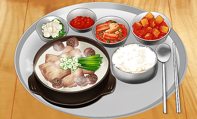 PSD 음식 일러스트 밥 김치 수저 사람없음 갈색 고추장 상차림 깍두기 맛집 순대국밥 맛있는 다진양념 국내일러스트 식기 한식 컬러 양념 국밥 파일형식