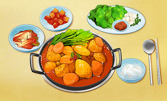 PSD 음식 일러스트 김치 수저 마늘 사람없음 노란색 주황색 상추 상차림 깍두기 쌈장 동치미 맛집 찜닭 맛있는 국내일러스트 식기 한식 컬러 채소 양념 닭고기요리 파일형식