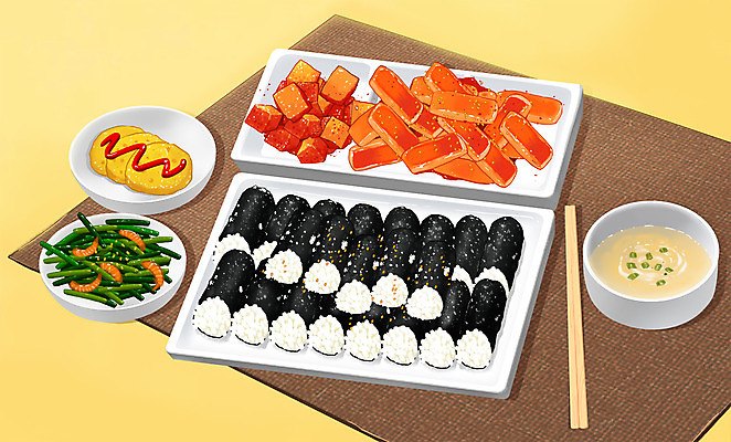 PSD 음식 일러스트 젓가락 사람없음 노란색 상차림 깍두기 나물 맛집 계란국 오징어무침 충무김밥 맛있는 국내일러스트 컬러 채소 김치 수저 김밥 국 무침 파일형식