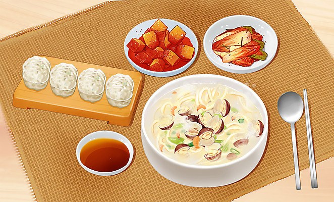 PSD 음식 일러스트 김치 수저 사람없음 갈색 상차림 깍두기 만두 간장 칼국수 맛집 맛있는 국내일러스트 식기 한식 컬러 양념 국수 파일형식