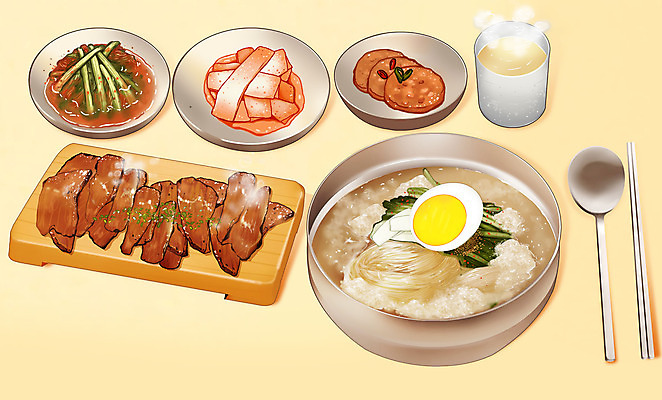 PSD 음식 일러스트 여름음식 김치 수저 사람없음 갈색 노란색 상차림 갈비 물냉면 맛집 열무김치 무김치 제철음식 맛있는 국내일러스트 식기 한식 컬러 육류 냉면 제철 파일형식 여름_계절
