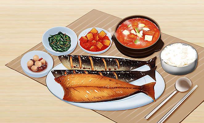 PSD 음식 일러스트 밥 수저 사람없음 갈색 상차림 깍두기 된장찌개 맛집 고등어구이 공기밥 메추리알장조림 맛있는 국내일러스트 식기 한식 컬러 김치 찌개 생선구이 장조림 파일형식
