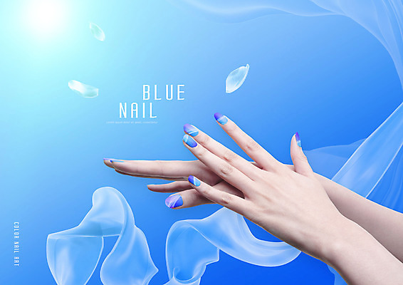 PSD 편집이미지 손 꽃잎 신체부위 파란색 빛 네일아트 손톱 천 이미지편집 꽃 컬러 사람 뷰티 직물 파일형식