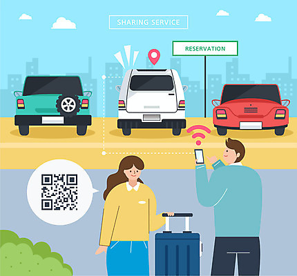 여자 남자 일러스트 자동차 들기 사람 상반신 성인 두명 스마트폰 캐리어 주차장 예약 공유 전송 시민 QR코드 찾기 공유경제 카쉐어링 국내일러스트 AI파일 육상교통 모션 경제 핸드폰 스마트기기 여행가방 국민 파일형식 벡터