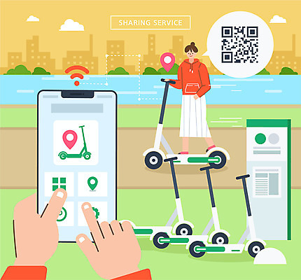 손 여자 일러스트 한명 들기 사람 상반신 성인 신체부위 스마트폰 공유 전송 시민 QR코드 여자한명만 공유경제 카쉐어링 전동퀵보드 모빌리티 국내일러스트 AI파일 1 육상교통 교통수단 모션 경제 핸드폰 스마트기기 국민 퀵보드 여자만 파일형식 벡터