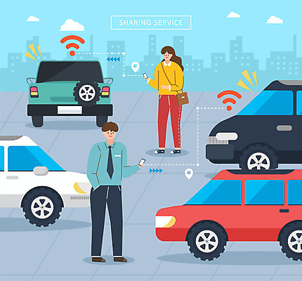 전신 여자 남자 일러스트 자동차 들기 사람 성인 두명 스마트폰 주차장 공유 전송 시민 찾기 공유경제 카쉐어링 국내일러스트 AI파일 육상교통 모션 경제 핸드폰 스마트기기 국민 파일형식 벡터
