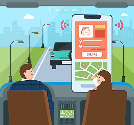 여자 남자 도로 지도 가로등 일러스트 자동차 사람 상반신 성인 두명 스마트폰 터치 차안 네비게이션 공유 전송 시민 공유경제 카쉐어링 국내일러스트 AI파일 공공시설 길 육상교통 교통시설 경제 핸드폰 스마트기기 국민 파일형식 벡터