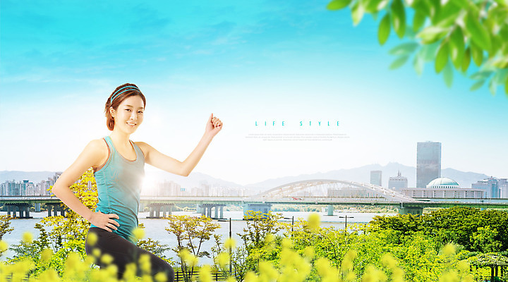 PSD 편집이미지 라이프스타일 공원 여자 한명 미소 사람 상반신 20대 성인 파란색 운동복 강 달리기 조깅 한국인 가교 성인여자한명만 이미지편집 1 건축물 옷 공공시설 컬러 모션 표정 동양인 청년 생활 운동 여자한명만 성인여자만 파일형식