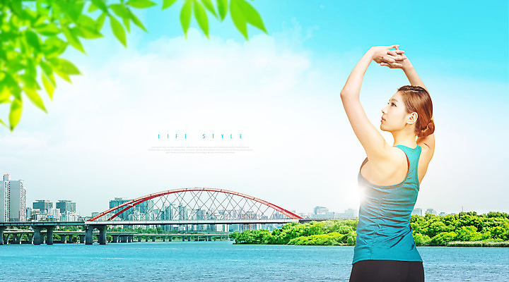 PSD 편집이미지 라이프스타일 응시 공원 여자 한명 사람 상반신 20대 성인 파란색 운동복 강 손들기 스트레칭 한국인 기지개 가교 성인여자한명만 이미지편집 1 건축물 시선 옷 공공시설 컬러 모션 동양인 청년 생활 운동 여자한명만 성인여자만 파일형식