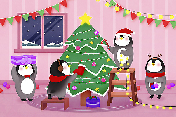 PSD 별 분홍색 크리스마스 겨울 여러마리 일러스트 사다리 산타모자 선물 들기 사람없음 장식 선물상자 크리스마스트리 펭귄 꾸미기 국내일러스트 자연요소 모자_잡화 계절 기념일 컬러 다수 모션 조류 상자 도구 파일형식