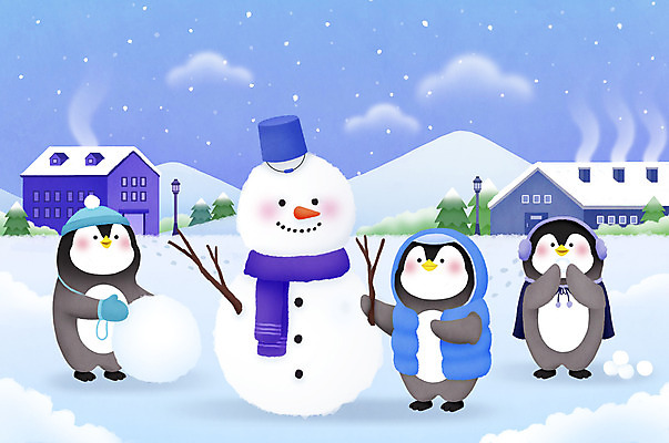 PSD 구름 모자 하늘색 겨울 일러스트 눈사람 주택 세마리 들기 사람없음 설원 목도리 나뭇가지 눈 귀마개 펭귄 만들기 굴리기 눈사람만들기 국내일러스트 자연요소 나무 잡화 계절 모션 조류 날씨 눈_날씨 3 건물 파란색 파일형식