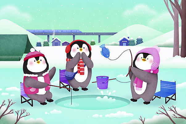 PSD 겨울 일러스트 텐트 세마리 어류 들기 사람없음 얼음 놀람 기차 연못 낚싯대 양동이 펭귄 얼음낚시 민트색 가교 국내일러스트 자연요소 건축물 계절 감정 육상교통 컬러 모션 조류 낚시 대중교통 표정 캠핑도구 3 수중동물 낚시용품 파일형식