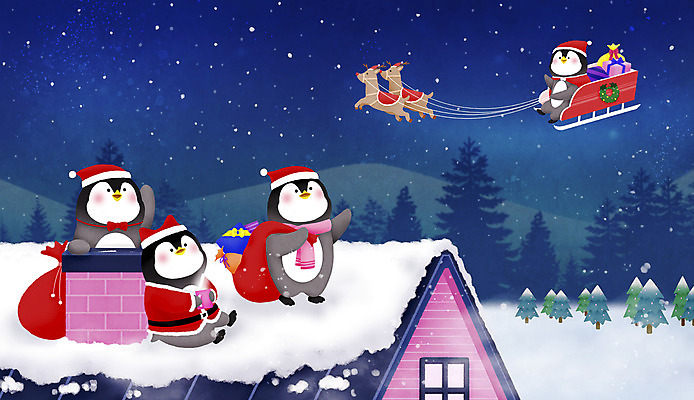 PSD 나무 겨울 여러마리 일러스트 산타모자 지붕 주택 굴뚝 선물 사람없음 파란색 산타클로스 손들기 루돌프 눈 인사 보따리 펭귄 썰매 국내일러스트 자연요소 식물 모자_잡화 계절 컬러 다수 크리스마스 모션 조류 날씨 사슴 건물 예절 파일형식