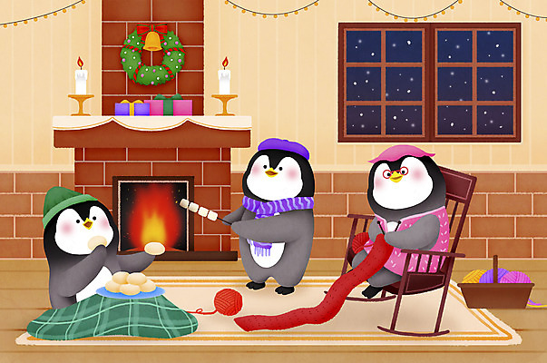 PSD 할머니 겨울 일러스트 창문 세마리 들기 앉기 사람없음 바구니 뜨개질 털실 굽기 펭귄 벽난로 마시멜로우 베이지색 호빵 국내일러스트 계절 여자 노년 빵 컬러 모션 조류 디저트 3 취미 실 구이 파일형식