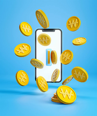 PSD 편집 편집이미지 백그라운드 사람없음 파란색 스마트폰 3D소스 3D 동전 전화기 디지털합성 금화 편집소스 편집3D 컬러 돈 핸드폰 스마트기기 황금 파일형식