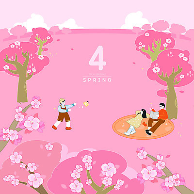 전신 PSD 공원 여자 남자 꽃잎 분홍색 나비 일러스트 서기 세명 눕기 소풍 봄 달력 벚꽃 4월 돗자리 꽃놀이 국내일러스트 계절 공공시설 꽃 컬러 곤충 모션 사람 야외활동 축제 날짜 파일형식