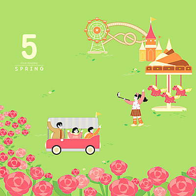 전신 PSD 여자 남자 일러스트 들기 여러명 상반신 초록색 장미 손들기 축제 봄 놀이공원 달력 5월 회전목마 롤러코스터 셀카봉 셔틀버스 국내일러스트 계절 꽃 컬러 다수 모션 버스 사람 테마파크 날짜 놀이기구 파일형식