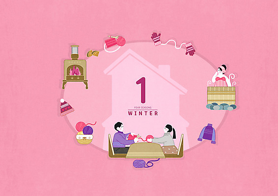 PSD 여자 남자 분홍색 겨울 일러스트 털모자 상반신 세명 달력 뜨개질 털실 장작 난로 니트 털장갑 반신욕 1월 국내일러스트 모자_잡화 계절 컬러 장갑 상의 사람 취미 목욕 날짜 실 난방기 파일형식