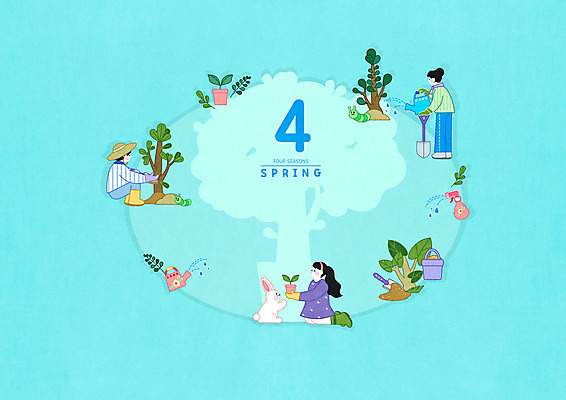 전신 PSD 나무 여자 남자 화분 하늘색 일러스트 들기 세명 초록색 흙 봄 물뿌리개 달력 토끼 4월 삽 식목일 물주기 분무기 나무심기 묘목 국내일러스트 식물 계절 기념일 컬러 포유류 모션 사람 파란색 반려동물 날짜 심기 파일형식