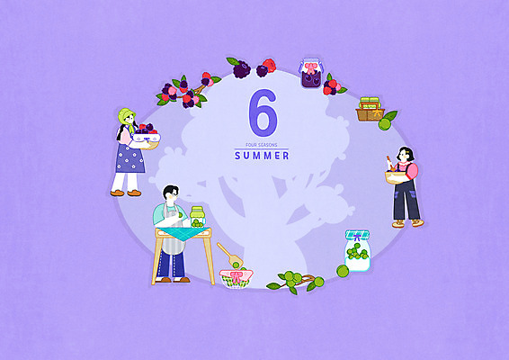 전신 PSD 여자 남자 일러스트 탁자 유리병 들기 세명 여름 바구니 보라색 달력 6월 잼 설탕 만들기 베리 매실 국내일러스트 계절 컬러 가구 과일 모션 병_용기 사람 날짜 소스_음식 파일형식