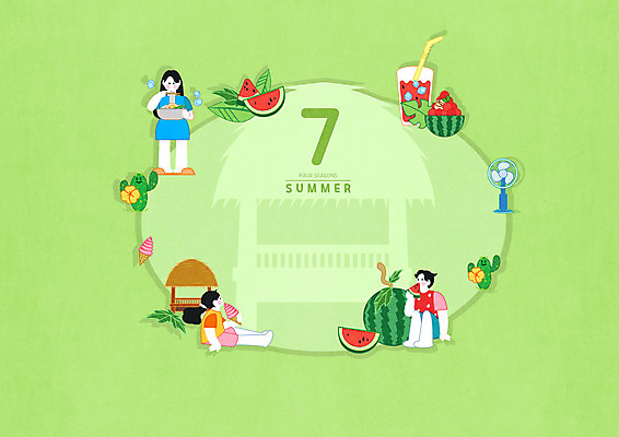 전신 PSD 여자 남자 일러스트 아이스크림 여름음식 수박 선인장 들기 세명 초록색 여름 달력 선풍기 먹기 원두막 냉면 7월 수박주스 제철과일 국내일러스트 식물 계절 한식 음식 컬러 과일 모션 디저트 사람 가전제품 날짜 과일주스 제철 파일형식 여름_계절