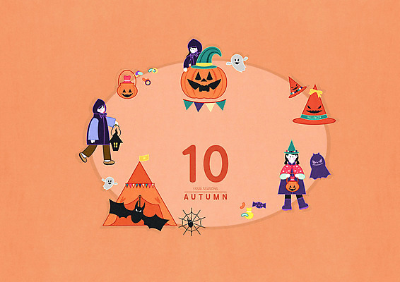 전신 PSD 여자 남자 일러스트 사탕 들기 세명 주황색 할로윈 달력 가을 등불 유령 망토 박쥐 마녀모자 10월 잭오랜턴 국내일러스트 모자_잡화 계절 컬러 포유류 모션 디저트 조명 사람 날짜 파일형식