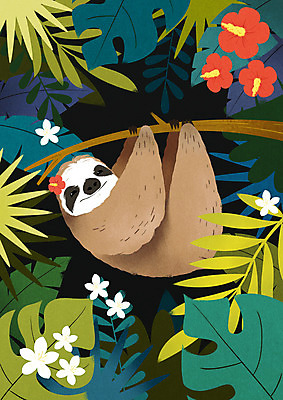 PSD 동물 한마리 꽃 일러스트 나뭇잎 매달리기 사람없음 컬러풀 나뭇가지 야자수잎 나무늘보 몬스테라 트로피컬아트 국내일러스트 나무 식물 1 컬러 잎 모션 그림 파일형식