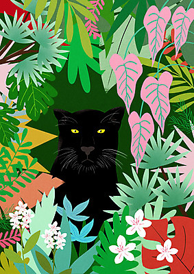 PSD 동물 한마리 꽃 일러스트 나뭇잎 사람없음 컬러풀 흑표범 트로피컬아트 국내일러스트 식물 1 컬러 잎 그림 표범 파일형식