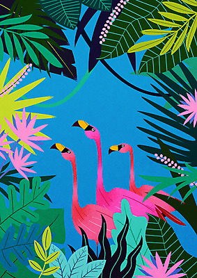 PSD 동물 일러스트 나뭇잎 세마리 사람없음 여름 컬러풀 열대우림 플라밍고 트로피컬아트 국내일러스트 계절 컬러 잎 조류 3 숲 그림 파일형식