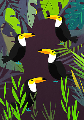 PSD 나무 동물 여러마리 일러스트 조류 나뭇잎 사람없음 큰부리새 트로피컬아트 국내일러스트 식물 다수 잎 그림 파일형식