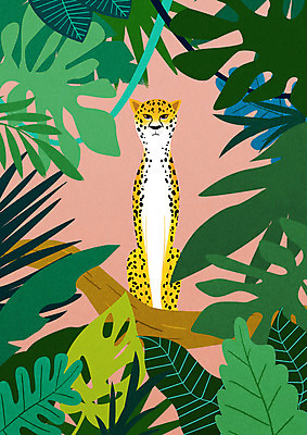 PSD 나무 동물 한마리 일러스트 나뭇잎 사람없음 컬러풀 숲속 표범 트로피컬아트 국내일러스트 식물 1 컬러 잎 포유류 숲 그림 파일형식