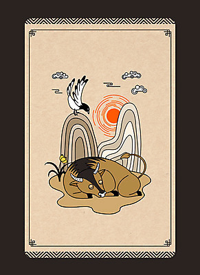 PSD 꽃 동물캐릭터 두마리 일러스트 산 사람없음 태양 전통무늬 소 까치 구름모양 민화 베이지색 2021년 신축년 국내일러스트 일러캐릭터 자연요소 모양 식물 동물 캐릭터 전통 컬러 2 무늬 포유류 조류 연도 그림 파일형식 구름_자연