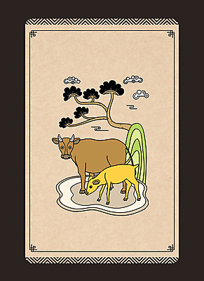 PSD 구름 동물캐릭터 두마리 일러스트 산 사람없음 전통무늬 소나무 소 구름모양 송아지 민화 베이지색 2021년 신축년 국내일러스트 일러캐릭터 자연요소 모양 나무 동물 캐릭터 전통 새끼 컬러 2 무늬 포유류 연도 그림 파일형식 구름_자연