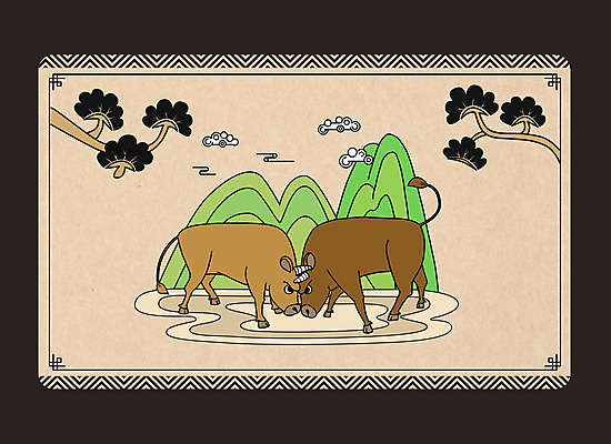 PSD 동물캐릭터 두마리 일러스트 산 사람없음 전통무늬 소나무 소 구름모양 소싸움 민화 베이지색 2021년 신축년 국내일러스트 일러캐릭터 모양 나무 동물 캐릭터 전통 컬러 2 무늬 포유류 전통놀이 연도 그림 파일형식 구름_자연