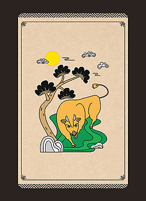 PSD 동물캐릭터 일러스트 사람없음 전통무늬 달 돌_바위 돌 소나무 소 구름모양 민화 베이지색 2021년 신축년 국내일러스트 일러캐릭터 자연요소 모양 나무 동물 캐릭터 전통 컬러 무늬 포유류 연도 그림 파일형식 구름_자연