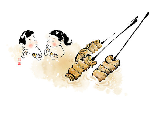 PSD 여자 남자 어린이 음식 겨울 일러스트 캘리그라피 붓터치 따뜻함 소녀 소년 두명 어묵 분식 먹기 어묵꼬치 동양화 번짐 국물 낙관 어묵국물 어린이만 맛있는 국내일러스트 계절 모션 미술 사람 꼬치 파일형식 효과