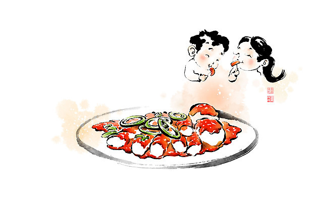 PSD 여자 남자 어린이 음식 겨울 일러스트 캘리그라피 붓터치 떡 소녀 소년 두명 빨간색 양념 떡볶이 분식 먹기 동양화 번짐 낙관 어린이만 맛있는 국내일러스트 계절 컬러 모션 미술 사람 파일형식 효과