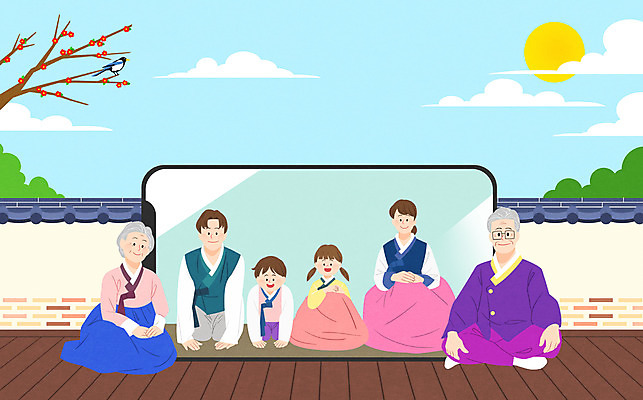 전신 PSD 구름 여자 명절 노년 남자 어린이 일러스트 가족 하늘 모바일 앉기 여러명 성인 스마트폰 담장 설날 태양 한복 사회이슈 까치 동백 툇마루 화상통화 코로나바이러스 언택트 온택트 델타변이바이러스 국내일러스트 자연요소 한국전통 전통 기념일 꽃 다수 컨셉 관계 모션 조류 사람 핸드폰 스마트기기 마루_인테리어 바이러스 전통의상 통화 파일형식