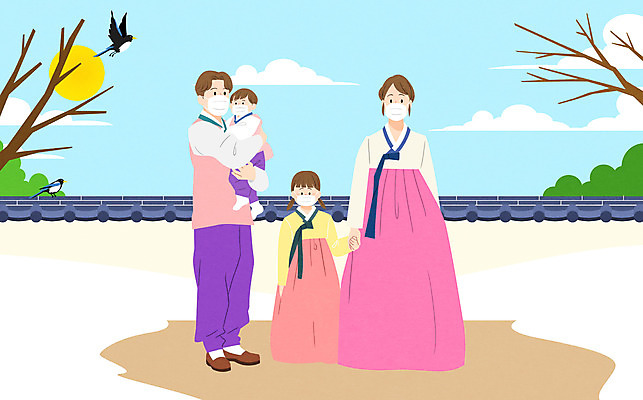 전신 PSD 나무 구름 여자 명절 남자 어린이 겨울 일러스트 가족 하늘 근하신년 새해 마스크 들기 여러명 성인 담장 설날 태양 손잡기 한복 까치 코로나바이러스 델타변이바이러스 국내일러스트 자연요소 식물 한국전통 전통 계절 기념일 다수 관계 모션 조류 사람 바이러스 전통의상 파일형식