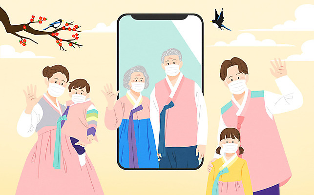 PSD 여자 명절 노년 남자 어린이 일러스트 가족 모바일 근하신년 새해 마스크 여러명 상반신 성인 스마트폰 설날 새해인사 한복 까치 동백 화상통화 코로나바이러스 언택트 델타변이바이러스 국내일러스트 한국전통 전통 기념일 꽃 다수 관계 조류 사람 핸드폰 스마트기기 인사 바이러스 전통의상 통화 파일형식