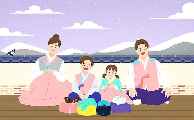 전신 PSD 구름 여자 명절 남자 어린이 겨울 일러스트 가족 근하신년 새해 산 기와 선물 앉기 여러명 성인 설날 눈 보자기 한복 보따리 까치 국내일러스트 자연요소 한국전통 전통 계절 기념일 다수 관계 모션 조류 날씨 사람 전통의상 파일형식 천_직물